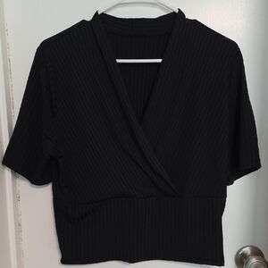 Flamingo Solid Ribbed Surplice Neck Crop Top